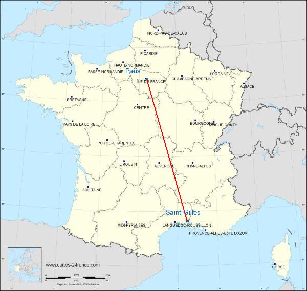 Distance Saint-Gilles Paris sur la carte de France
