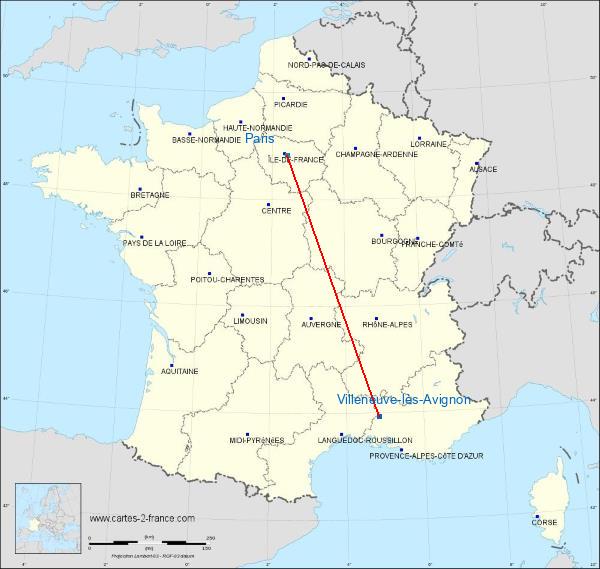 Distance Villeneuve-lès-Avignon Paris sur la carte de France