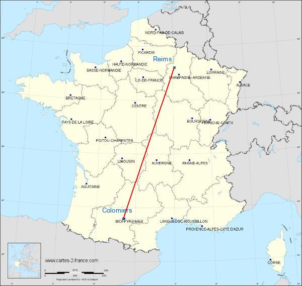 Distance Colomiers Reims sur la carte de France