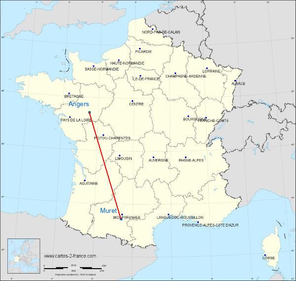 Distance Muret Angers sur la carte de France