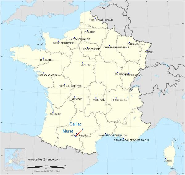 Distance Muret Gaillac - Lisle-sur-Tarn sur la carte de France