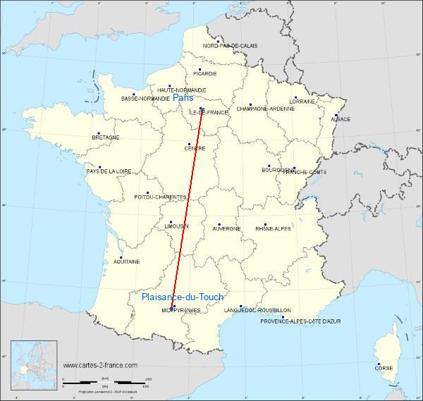 Distance Plaisance-du-Touch Paris sur la carte de France