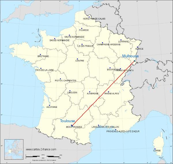 Distance Toulouse Mulhouse sur la carte de France