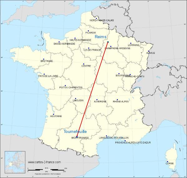 Distance Tournefeuille Reims sur la carte de France