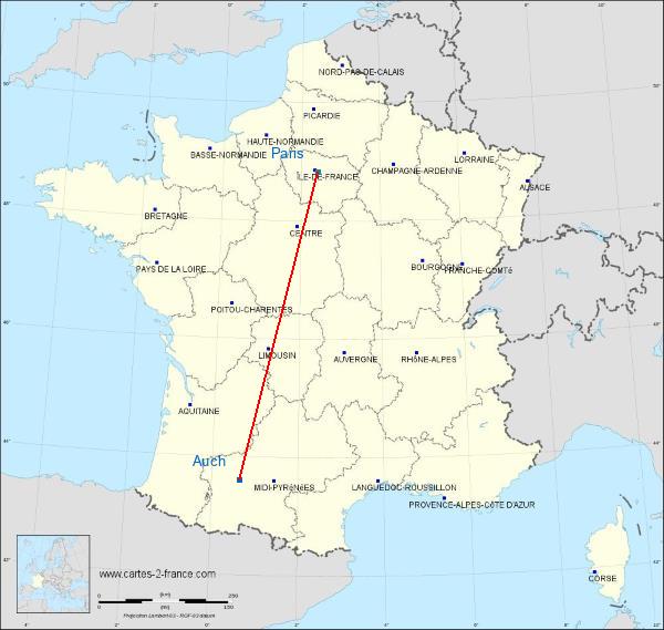 Distance Auch Paris sur la carte de France