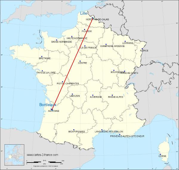 Distance Bordeaux Lille sur la carte de France