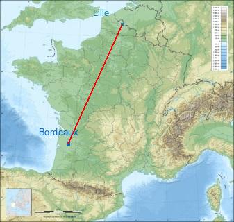 Distance entre de Bordeaux et Lille sur la carte de France