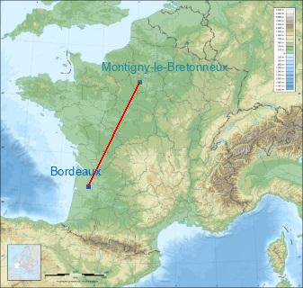 Distance entre de Bordeaux et Saint-Quentin-en-Yvelines sur la carte de France