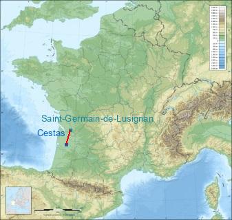 Distance entre de Cestas et Jonzac-Neulles sur la carte de France