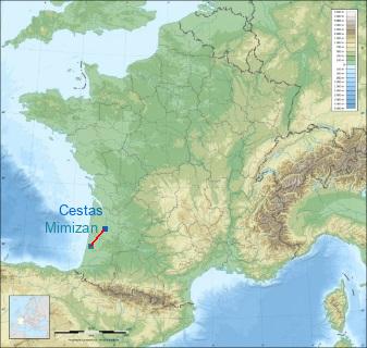 Distance entre de Cestas et Mimizan sur la carte de France