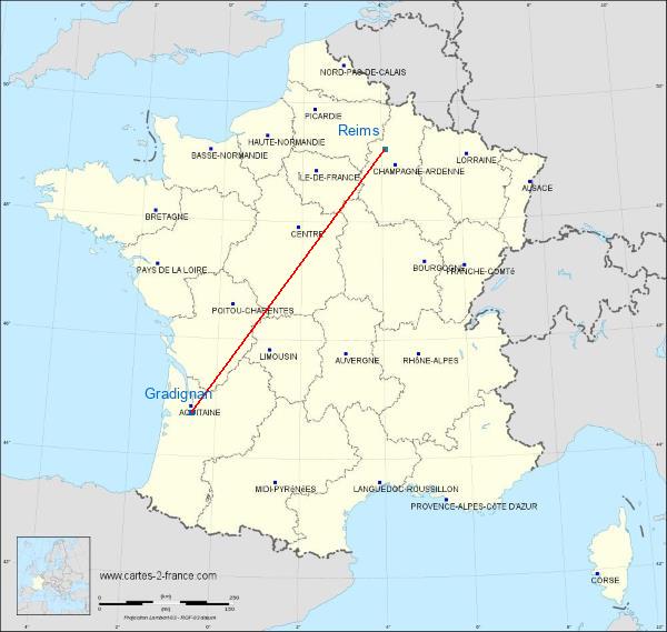 Distance Gradignan Reims sur la carte de France