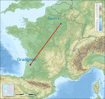 Distance entre de Gradignan et Reims sur la carte de France