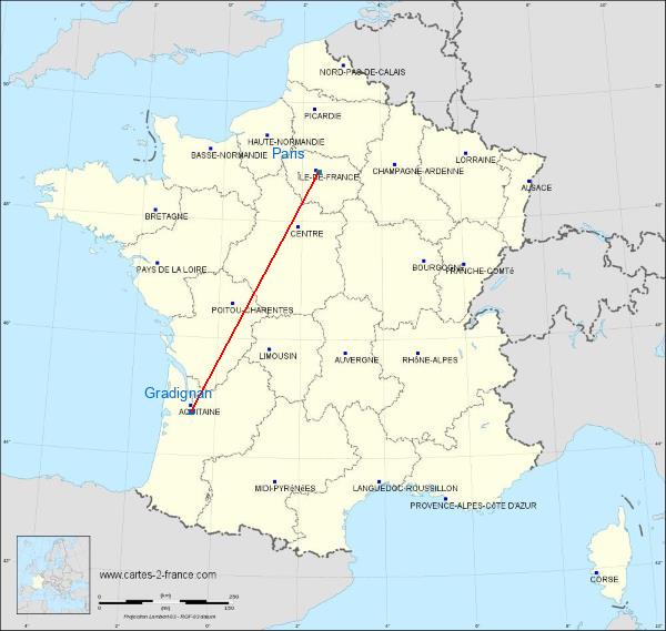 Distance Gradignan Paris sur la carte de France