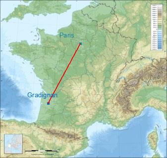 Distance entre de Gradignan et Paris sur la carte de France