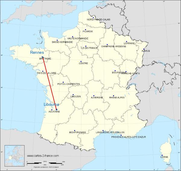 Distance Libourne Rennes sur la carte de France