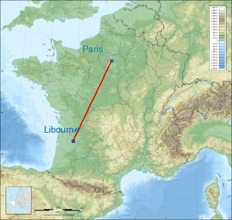 Distance entre de Libourne et Paris sur la carte de France