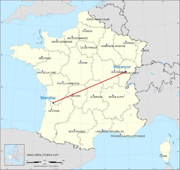 Distance Montendre-Marcillac Besançon sur la carte de France