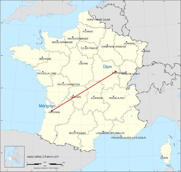 Distance Mérignac Dijon sur la carte de France