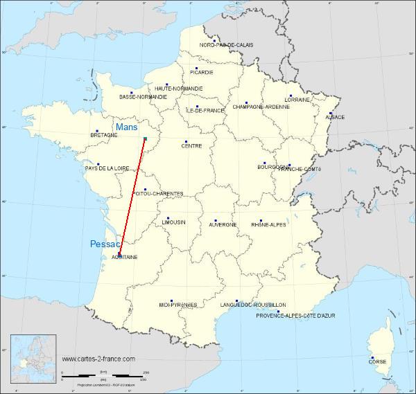 Distance Pessac Le Mans sur la carte de France