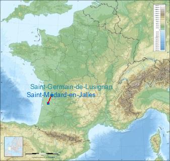 Distance entre de Saint-Médard-en-Jalles et Jonzac-Neulles sur la carte de France