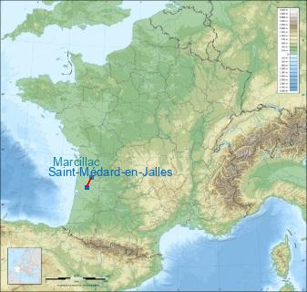 Distance entre de Saint-Médard-en-Jalles et Montendre-Marcillac sur la carte de France