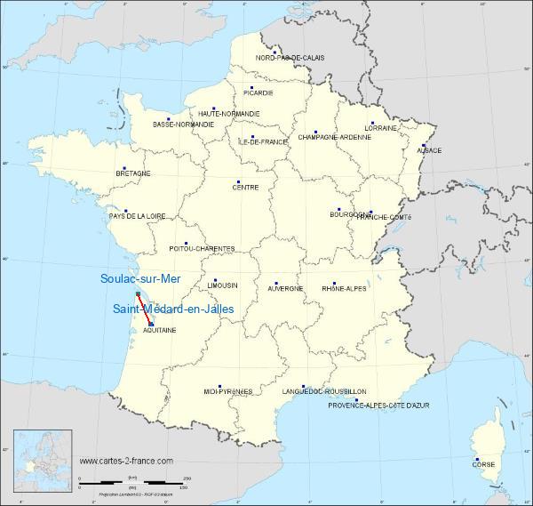 Distance Saint-Médard-en-Jalles Soulac-sur-Mer sur la carte de France