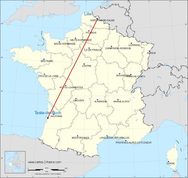 Distance La Teste-de-Buch Lille sur la carte de France