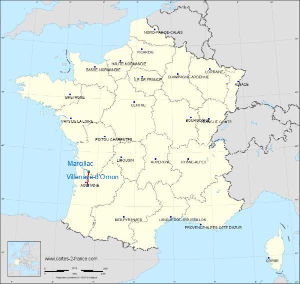 Distance Villenave-d’Ornon Montendre-Marcillac sur la carte de France