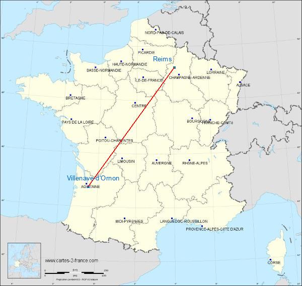 Distance Villenave-d’Ornon Reims sur la carte de France