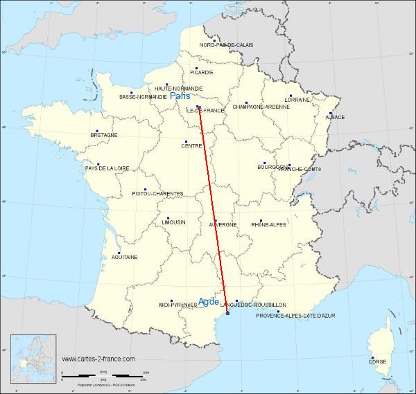 Distance Agde Paris sur la carte de France