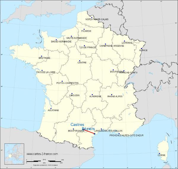 Distance Béziers Castres sur la carte de France