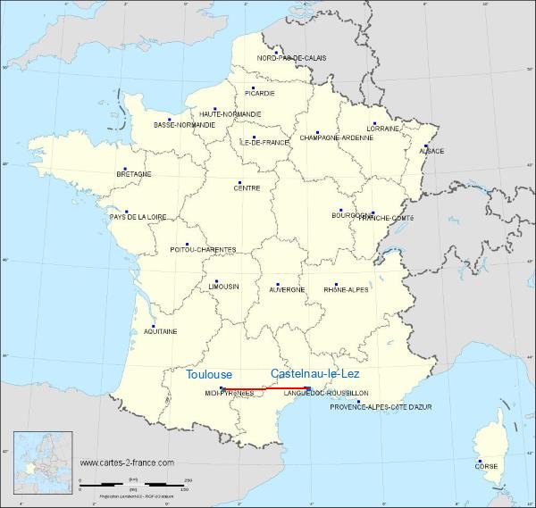 Distance Castelnau-le-Lez Toulouse sur la carte de France