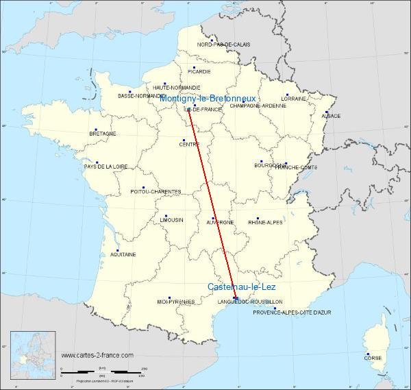 Distance Castelnau-le-Lez Saint-Quentin-en-Yvelines sur la carte de France