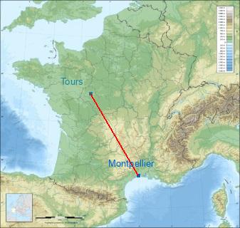 Distance entre de Montpellier et Tours sur la carte de France