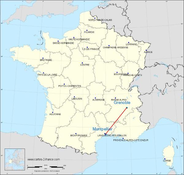 Distance Montpellier Grenoble sur la carte de France
