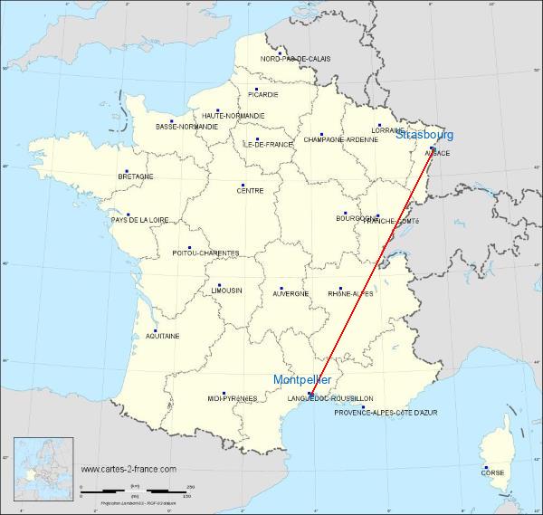 Distance Montpellier Strasbourg sur la carte de France