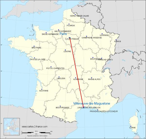Distance Villeneuve-lès-Maguelone Paris sur la carte de France