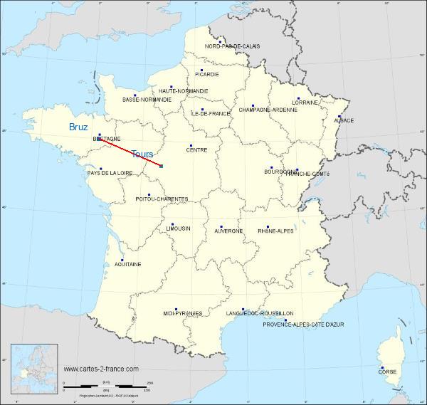 Distance Bruz Tours sur la carte de France