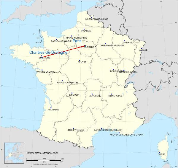 Distance Chartres-de-Bretagne Paris sur la carte de France