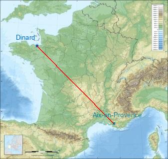 Distance entre de Dinard et Aix-en-Provence sur la carte de France