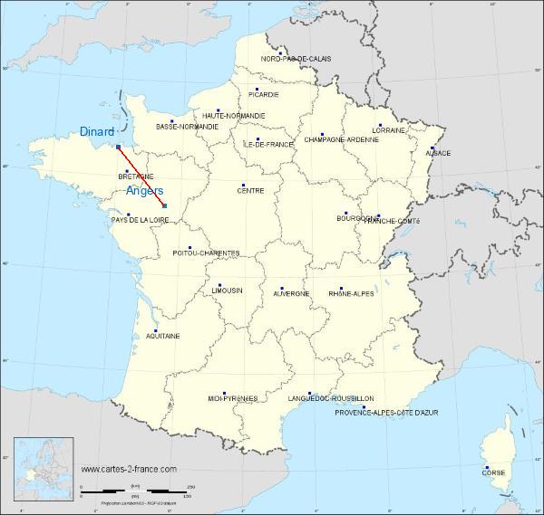Distance Dinard Galerie David d'Angers sur la carte de France