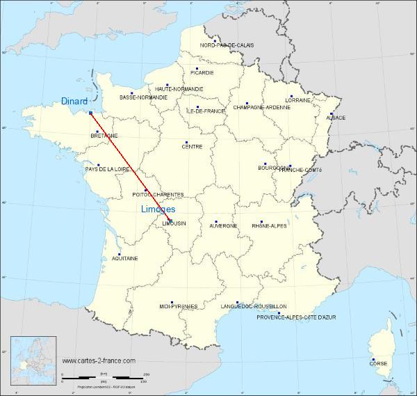 Distance Dinard Limoges sur la carte de France