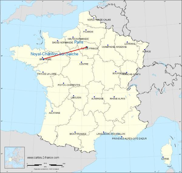 Distance Châtillon-sur-Seiche Paris sur la carte de France