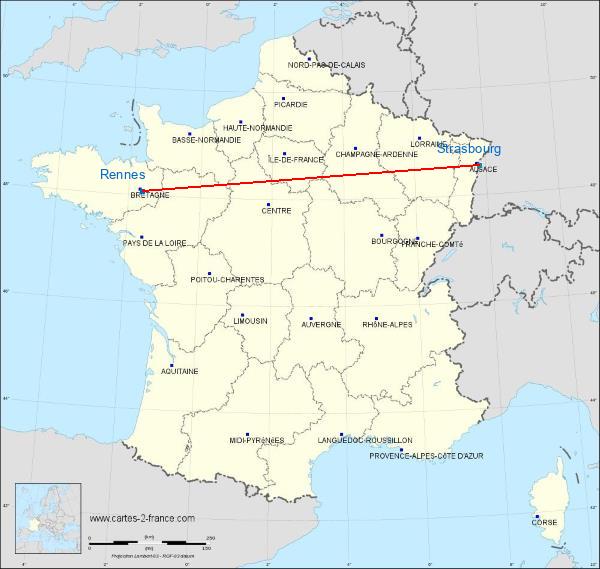 Distance Rennes Strasbourg sur la carte de France