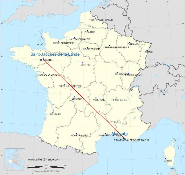 Distance Rennes - Saint-Jacques Marseille sur la carte de France