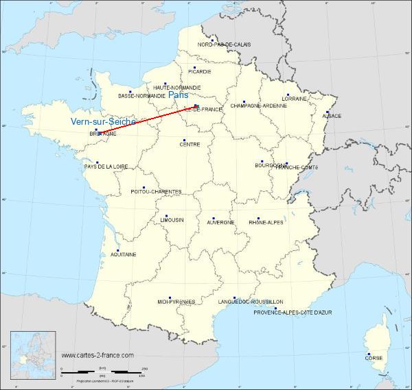 Distance Vern-sur-Seiche Paris sur la carte de France