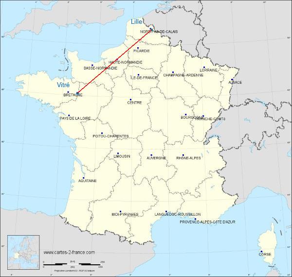 Distance Vitré Lille sur la carte de France