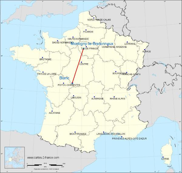 Distance Le Blanc Saint-Quentin-en-Yvelines sur la carte de France