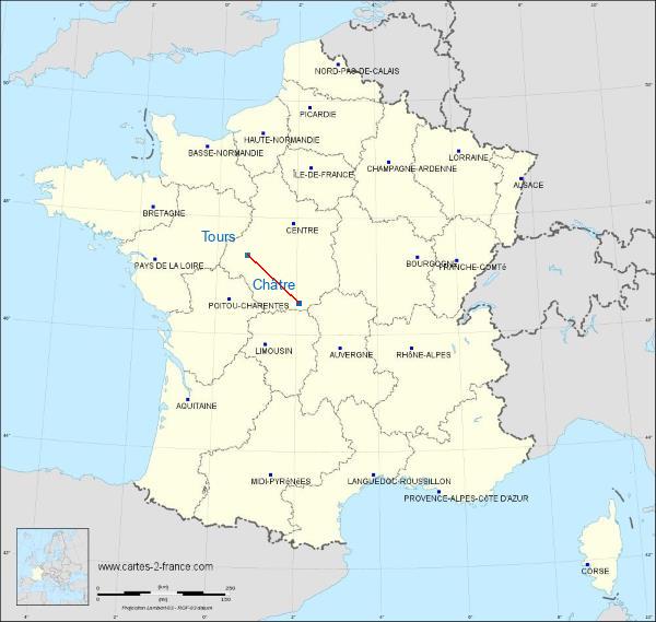 Distance La Châtre Tours sur la carte de France