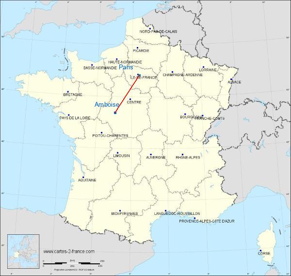 Distance Amboise Paris sur la carte de France